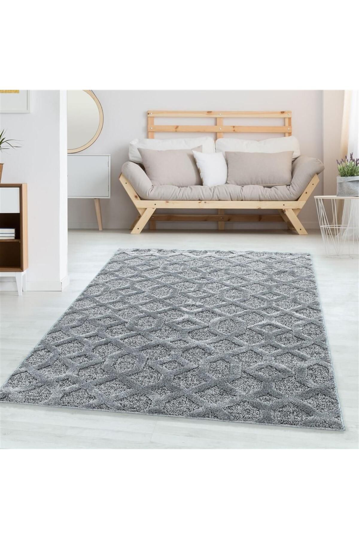 Karpetica İskandinav Salon Halısı Bukle Taban kabartmalı ızgara desenli Gri Dokuma Halı
