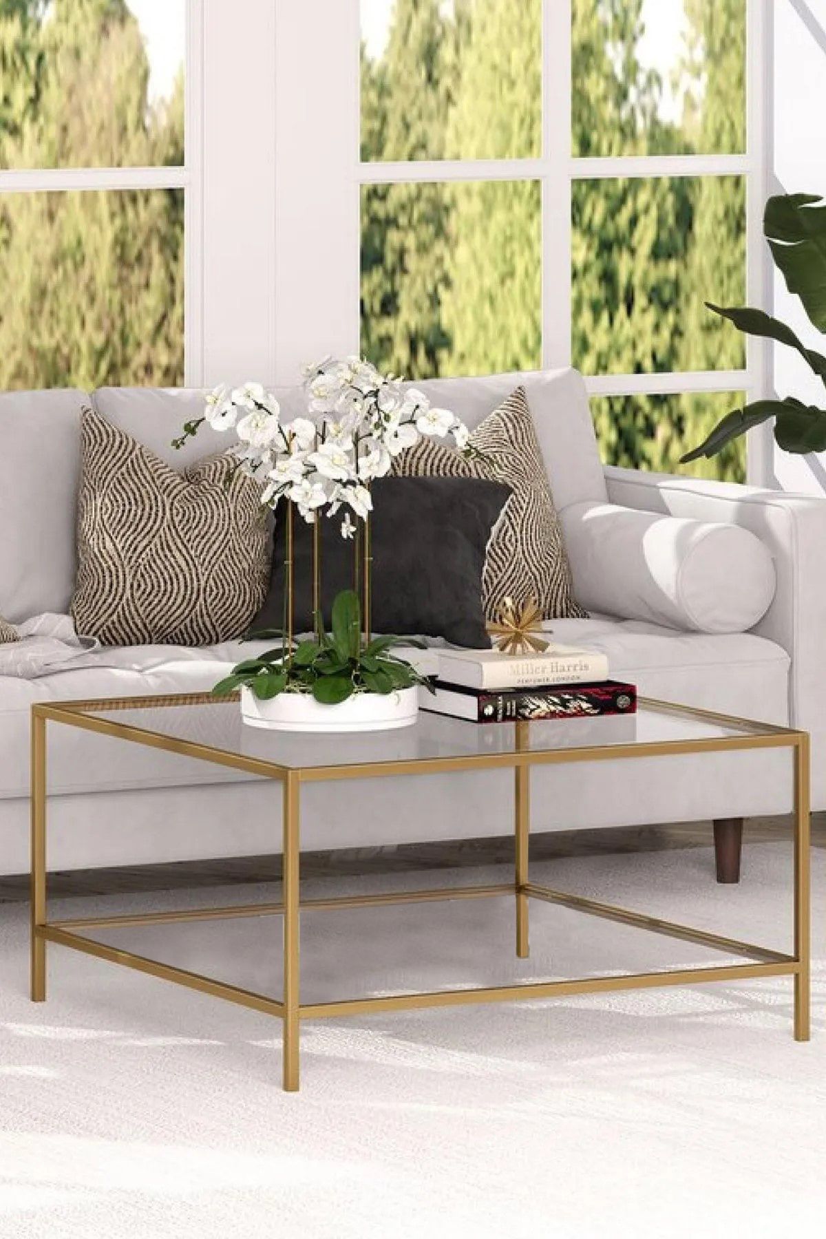 tino furniture Oslo Gold 80*80 Metal Kare Temperli (kırılmaz) Şeffaf Camlı Orta Sehpa