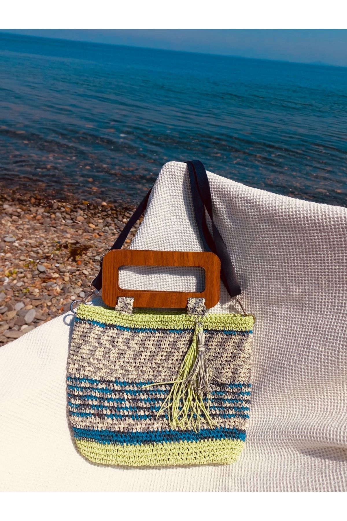Beril Yamaç Design Studio Mint Shopper Örgü Çanta / Hasır Çanta / Rafya Çanta / Yazlık Çanta / Bohem Çanta / Kağıt Ip Çanta