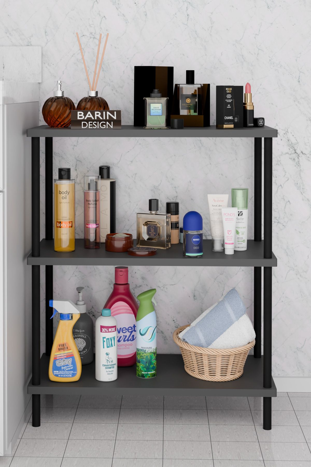 BARIN DESIGN 3 Raflı Çevir Kur Banyo Rafı Çok Amaçlı Düzenleyici Açık Raflı Dolap, Metal Gövdeli Organizer Raf