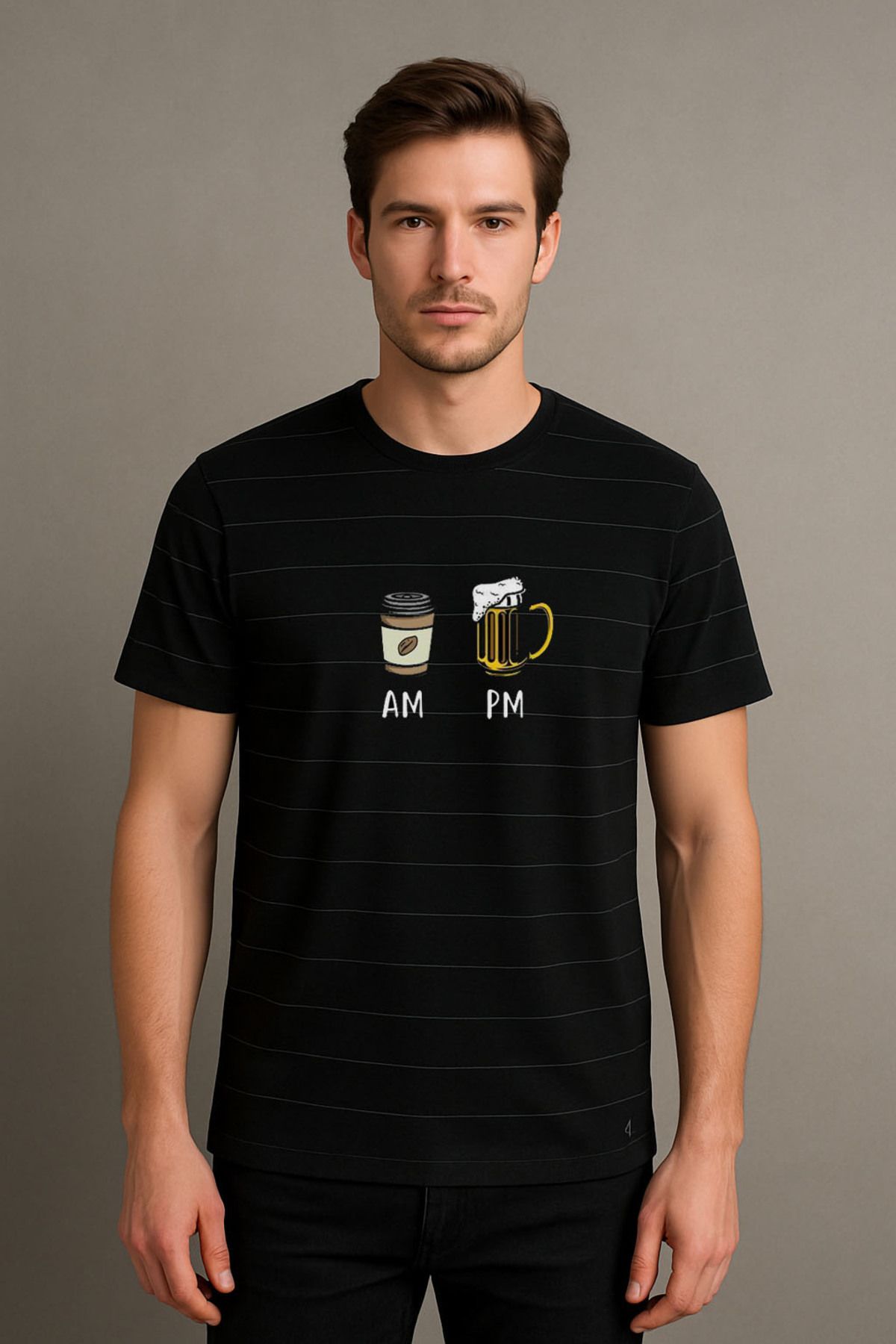 sielta Kahve P.m Baskılı Çizgili Bisiklet Yaka Unisex Siyah Tişört T-shirt