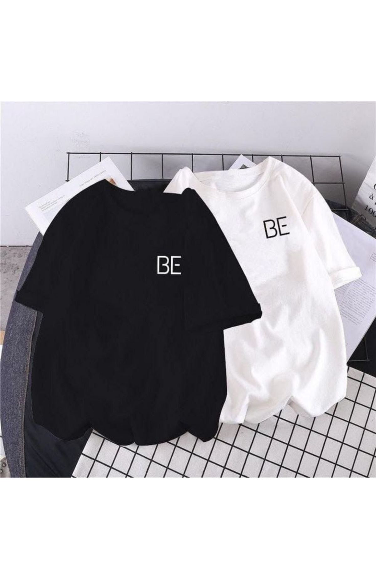 Gollinger 2Lİ BE Baskılı Yuvarlak Yaka T-shirt - BTS Temalı Tişört Siyah Beyaz