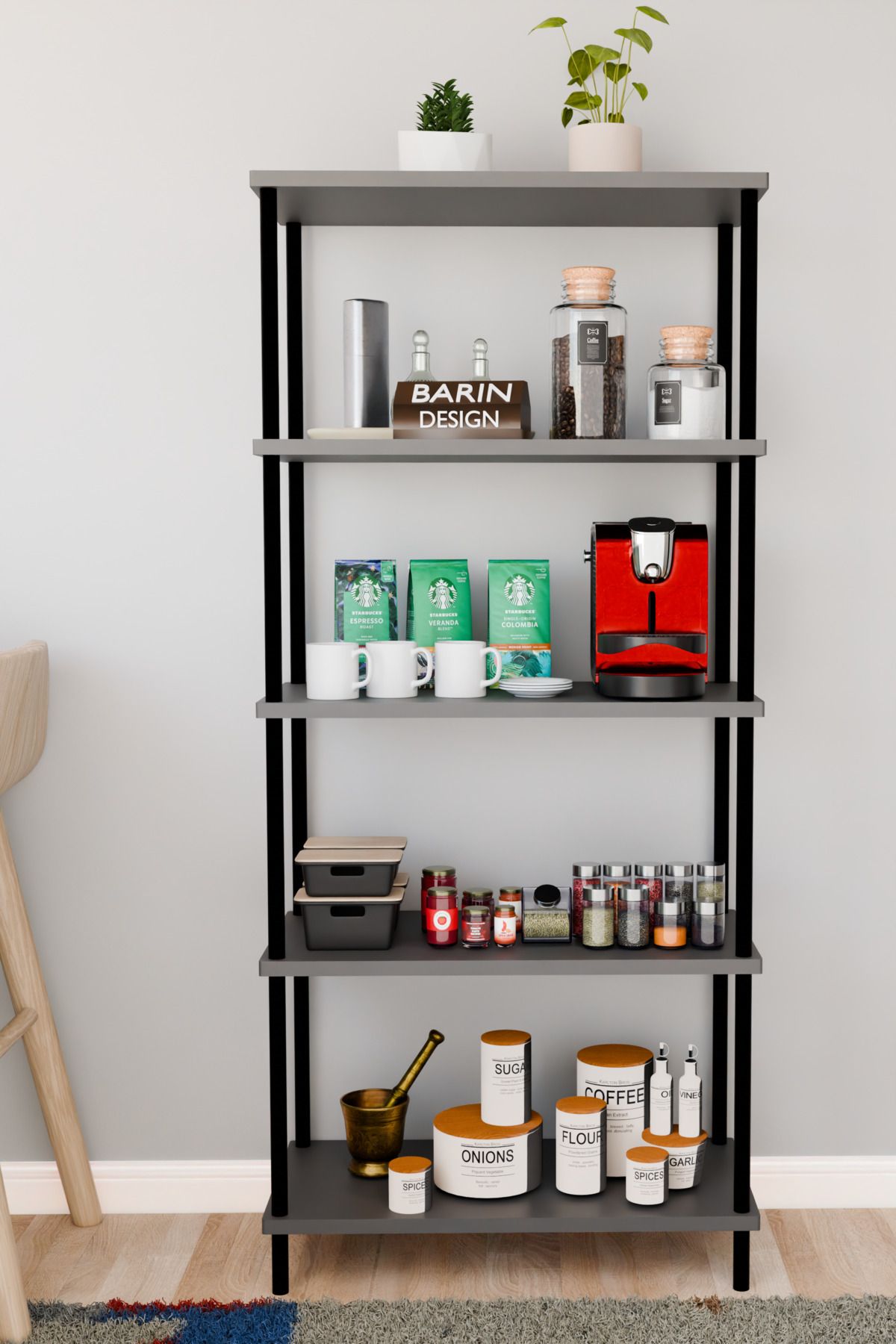 BARIN DESIGN 5 Raflı Çevir Kur Çok Amaçlı Raf Mutfak, Kiler, Ofis, Depo Kullanımına Uygun Açık Raflı Düzenleyici