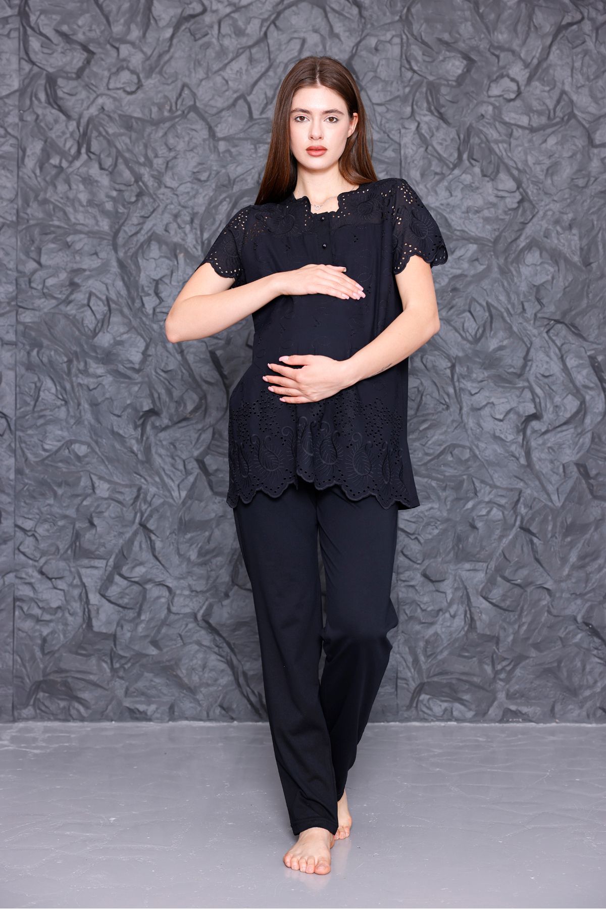 Yulem Homewear Siyah Fisto Keten Lohusa Hamile Pijama Takım