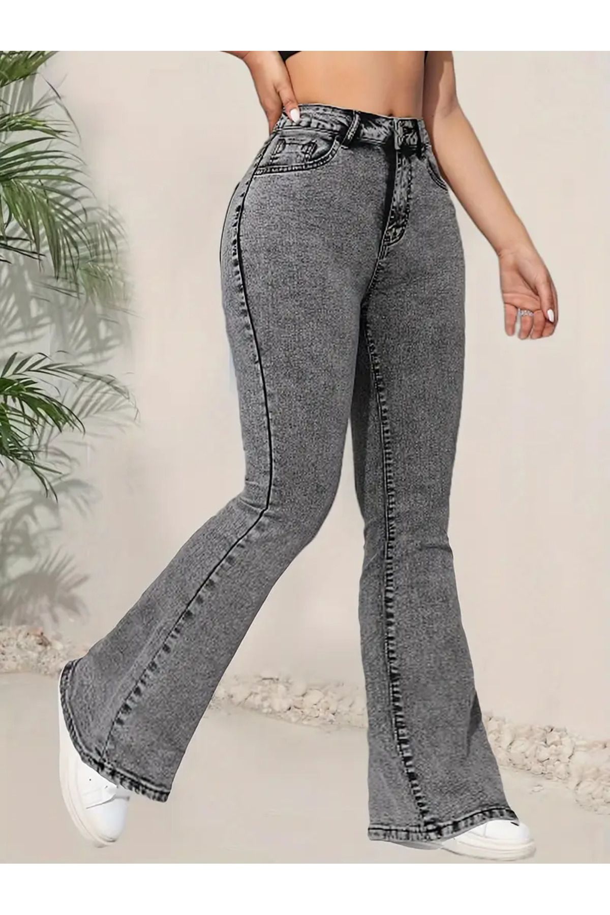 LUNAVISTA Açık gri geniş paça pantolon, yüksek bel ve çok amaçlı paça pantolon,