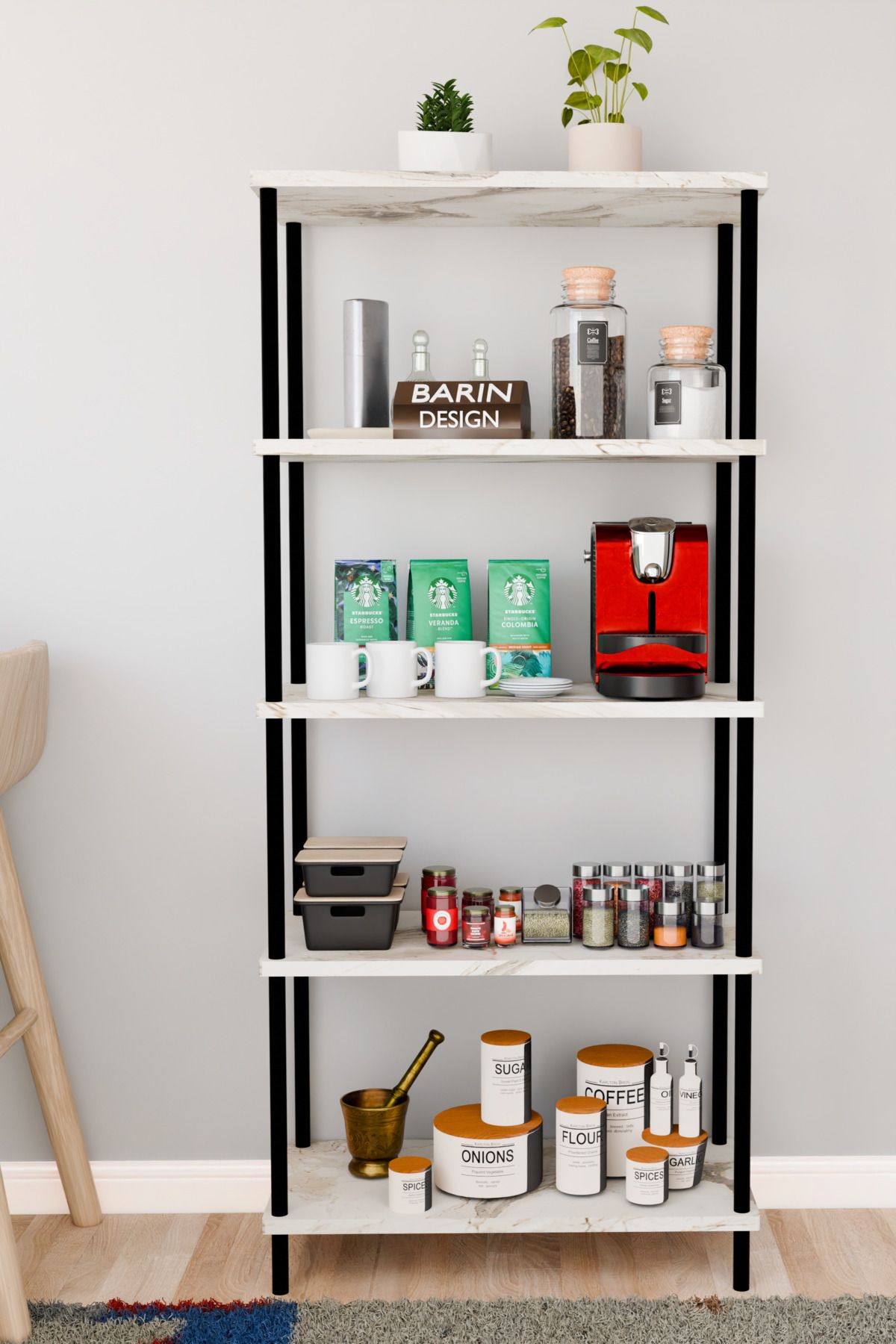 BARIN DESIGN 5 Raflı Çevir Kur Çok Amaçlı Raf Mutfak, Kiler, Ofis, Depo Kullanımına Uygun Açık Raflı Düzenleyici