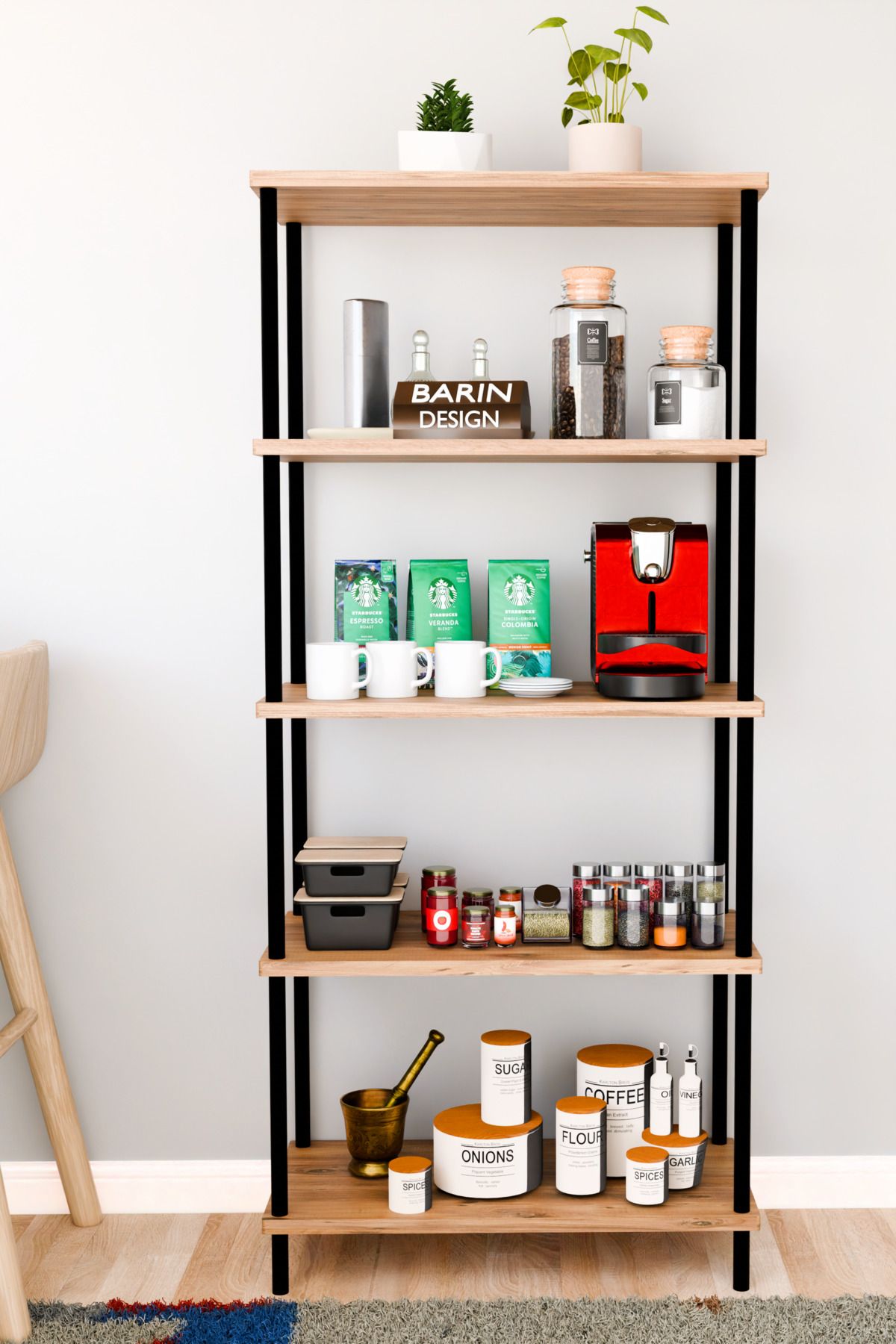 BARIN DESIGN 5 Raflı Çevir Kur Çok Amaçlı Raf Mutfak, Kiler, Ofis, Depo Kullanımına Uygun Açık Raflı Düzenleyici