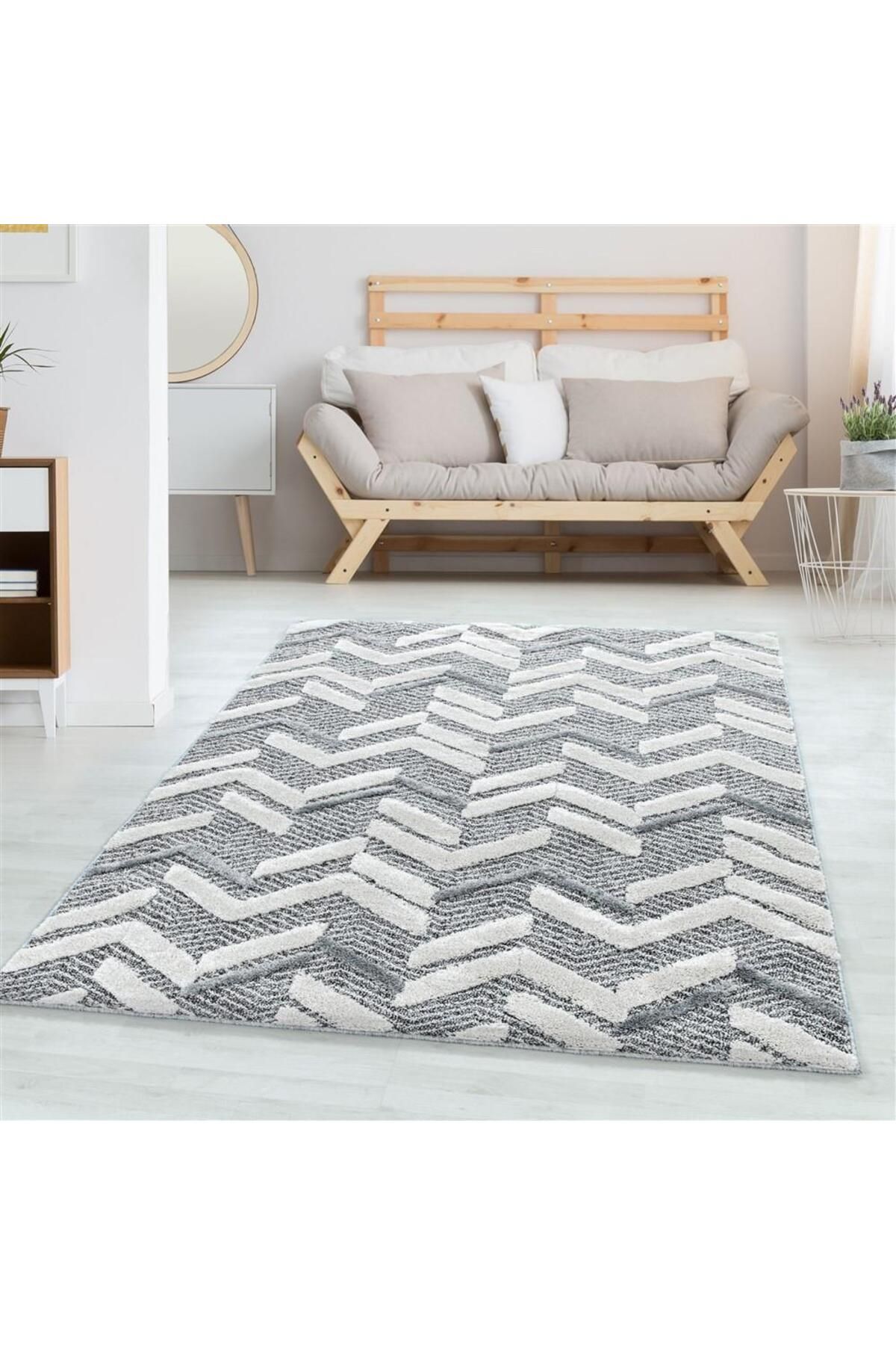 Karpetica İskandinav Salon Halısı Bukle Taban kabartmalı Abstrak dalga desenli Gri Dokuma Halı