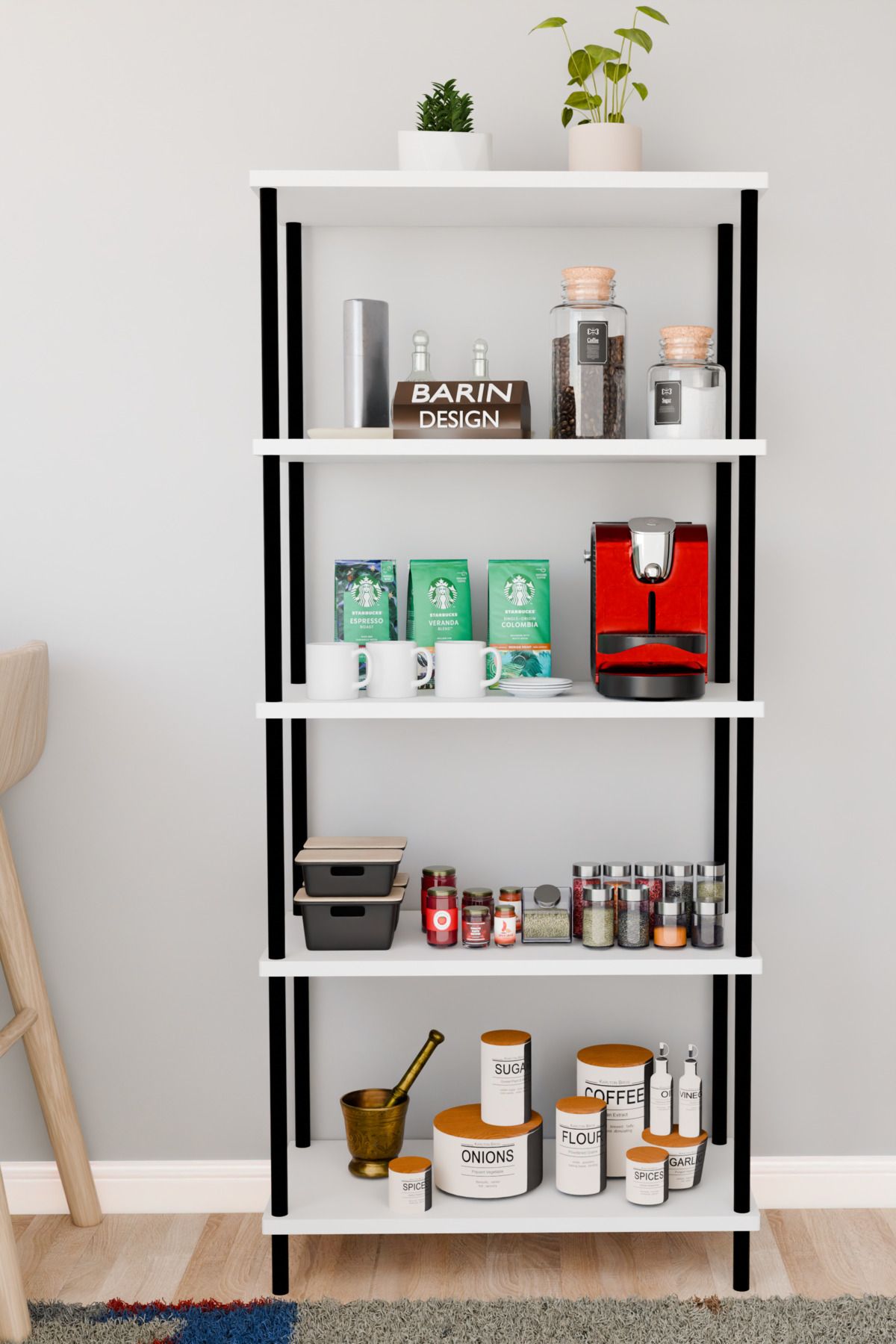 BARIN DESIGN 5 Raflı Çevir Kur Çok Amaçlı Raf Mutfak, Kiler, Ofis, Depo Kullanımına Uygun Açık Raflı Düzenleyici