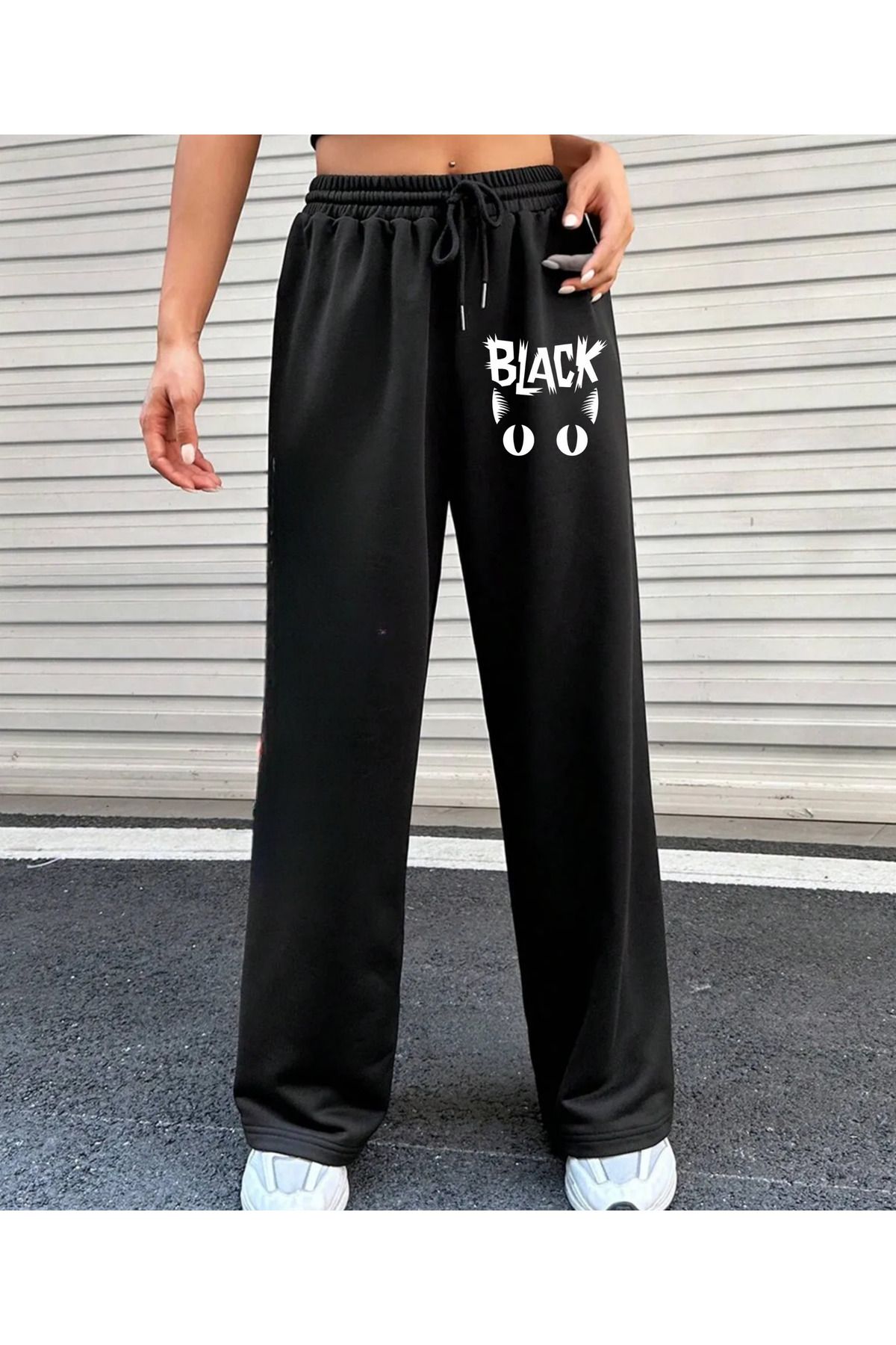Touz Moda Sokak Tarzı Black Cat Baskılı Unisex Baggy Eşofman
