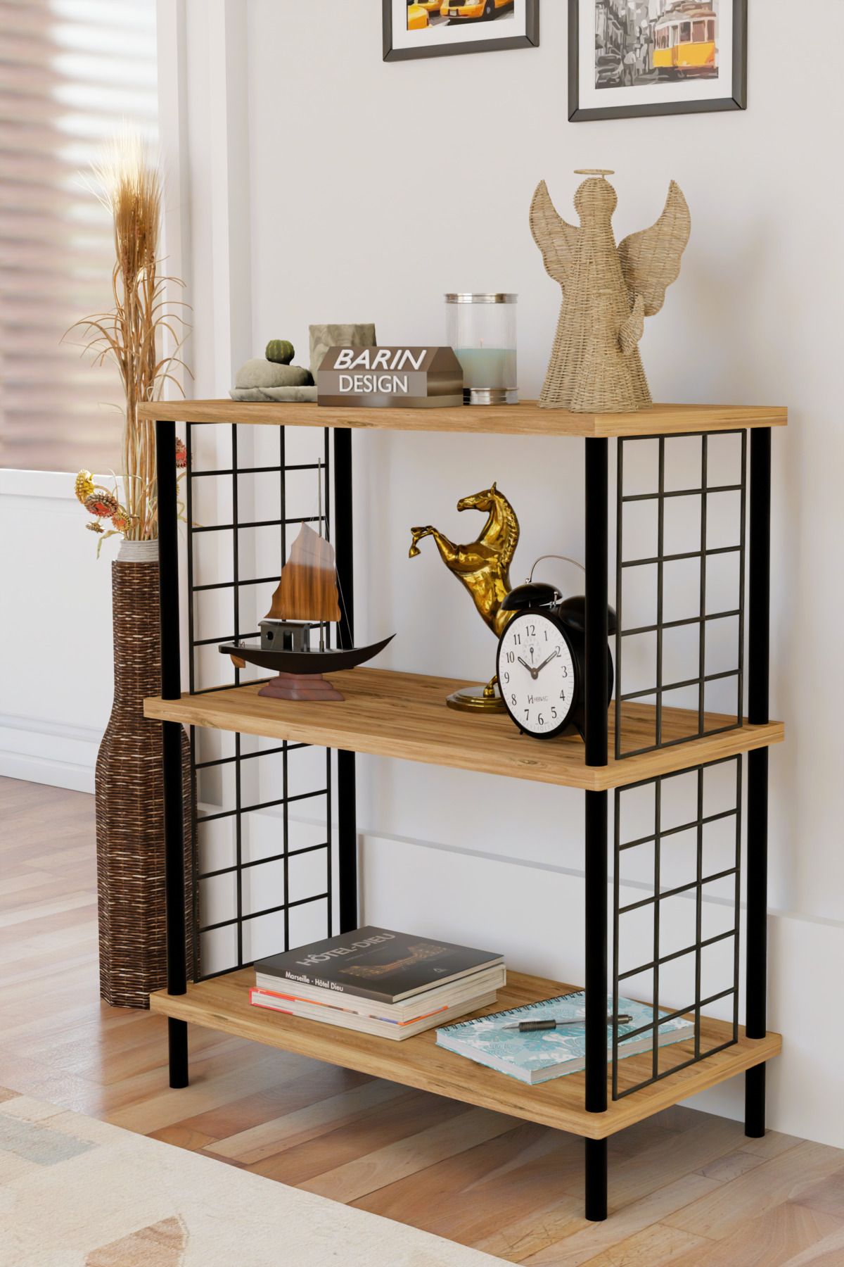 BARIN DESIGN 3 Katlı Çevir Kur Dekoratif Salon Rafı Tel Yan Panelli Açık Kitaplık, Biblo ve Aksesuar Düzenleyici