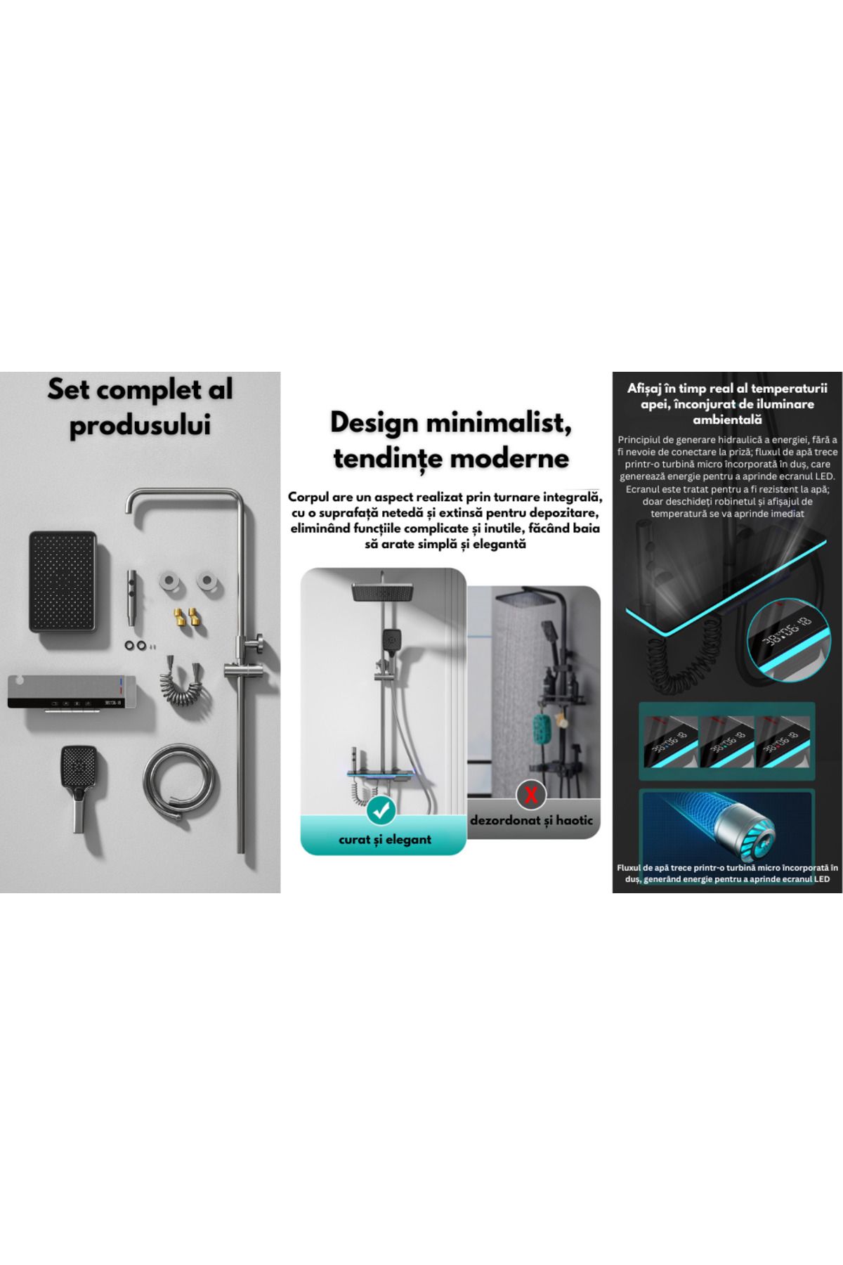 OEM-LED shower set with digital display, thermostat, turbine, 4 functions, adjustable shower, rain, faucet, graphite 6