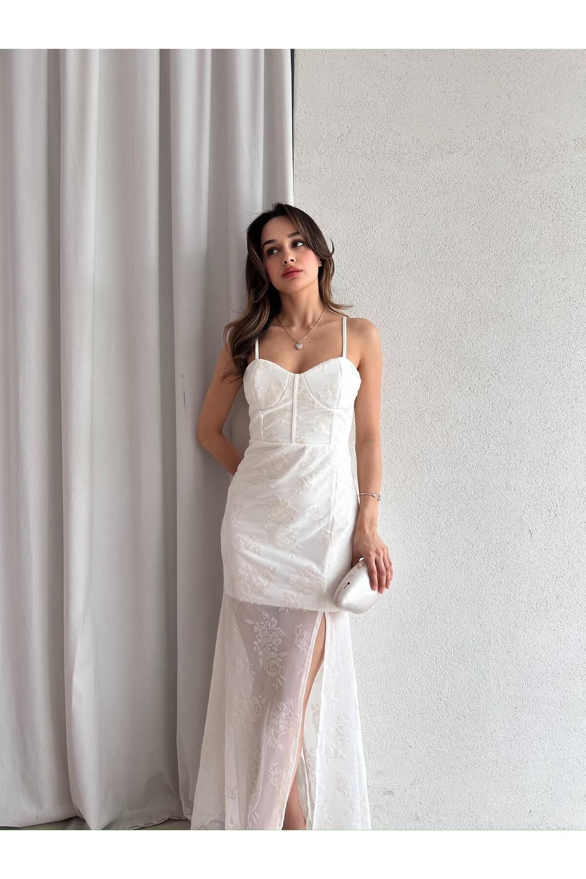 Mooi Butik LİNDİE Maxi Elbise 7834 - Beyaz