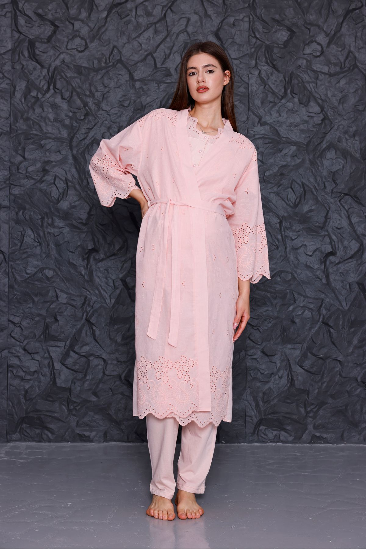 Yulem Homewear Pudra Fisto Keten Lohusa Hamile Sabahlıklı 3'lü Pijama Takım Set