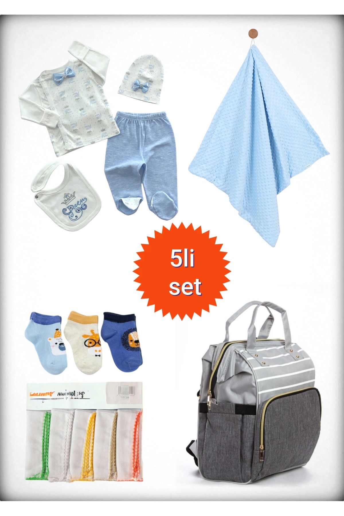 Avşar Baby 5 li Doğum Seti (Anne Bebek Çantası Hastane Çıkışı Battaniye 10 Lu Mendil Ve 3 Lü Çorap)