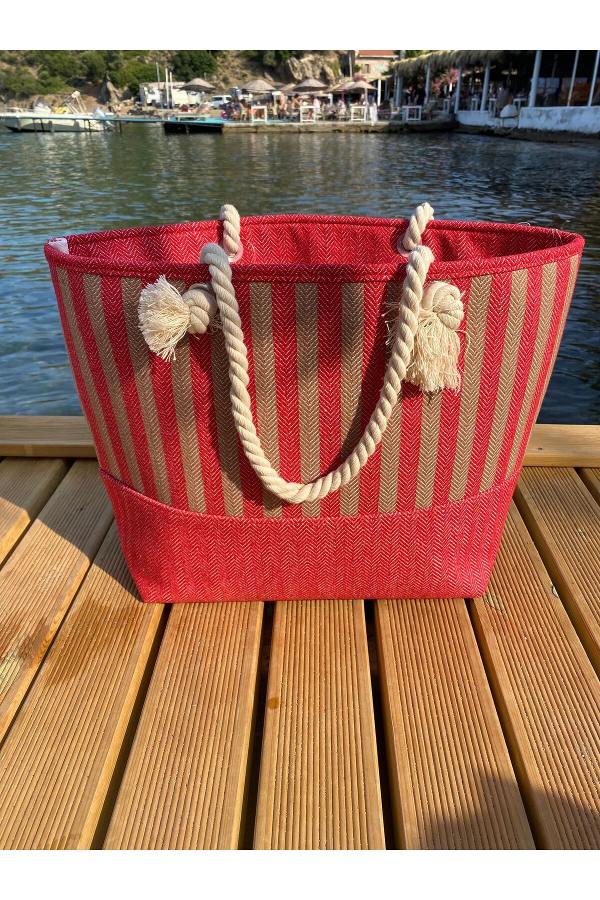 MY BAG ÇANTA Jüt-Hasır Kadın Omuz, Plaj ve Piknik Çantası, Çizgili Halat Askılı %100 Pamuk Dokuma 52x17x36 Cm