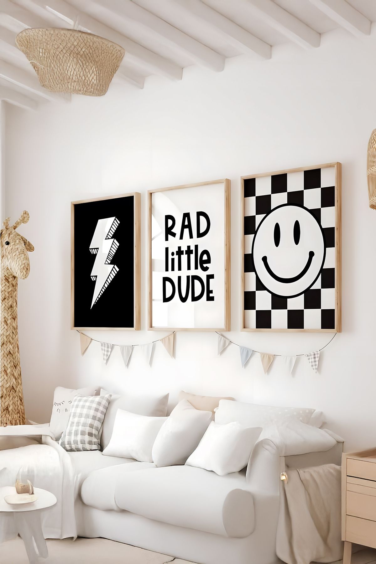 Home 3'lü Çocuk Odası Dekoru, Kardeşler Odası, Kareli Oyun Odası Çerçevesiz Poster