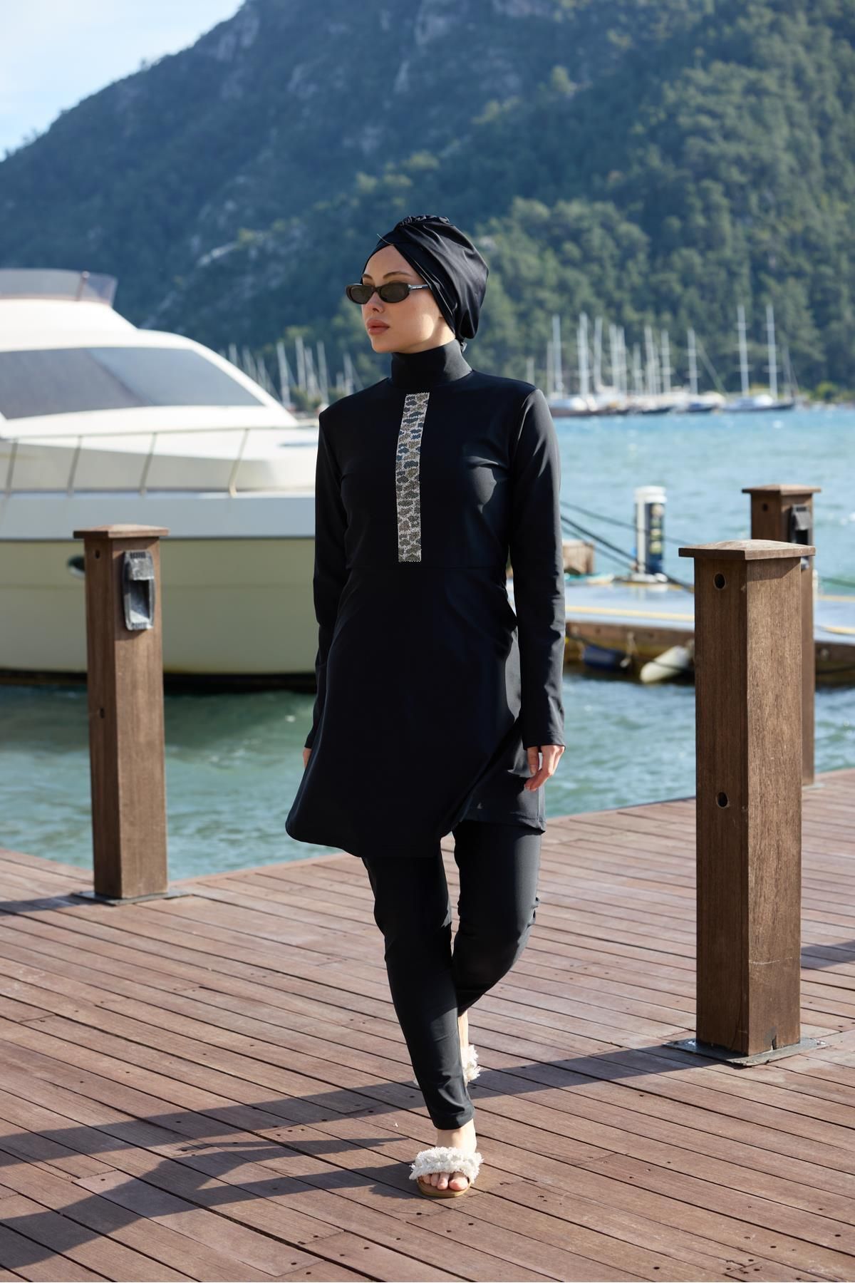 NS TASARIM MAYO-Mira Model Stone Striped Lycra Design Hijab Double Swimsuit Set 4