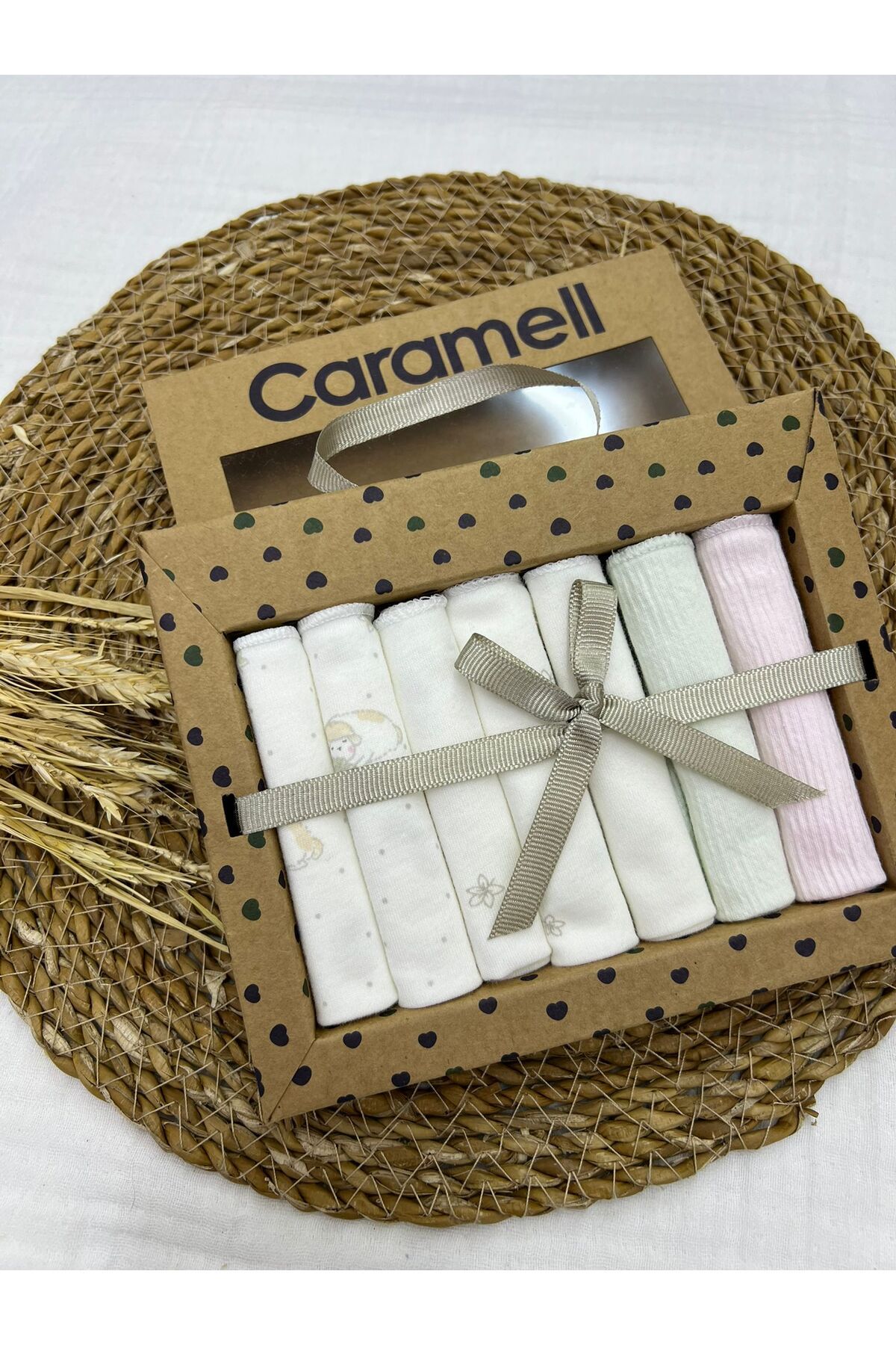 Caramell %100 Coton 7li Bebek Ağız Silme Mendili Minik Kuzu Desenli Organik //2064 ekru