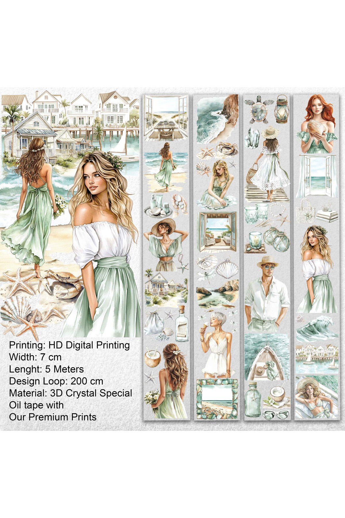 Onwize Scrapbook Summer Pearl-3D Crystal Special Oil tape- Etiket-Pet Tape - Sticker - Seffaf Etiket