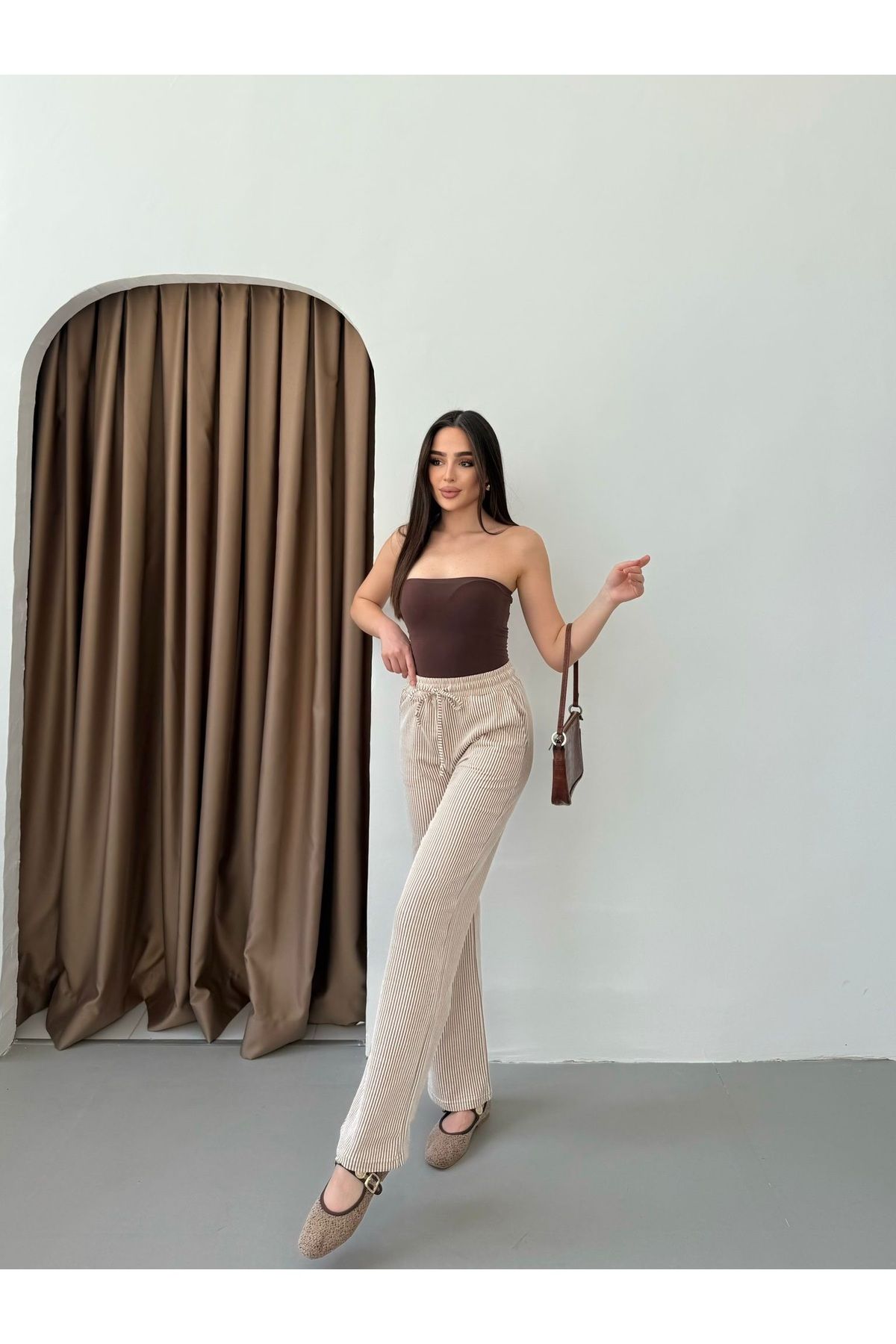 Ozy Fashion Su Yolu Çizgili Yazlık Kahverengi Pantolon