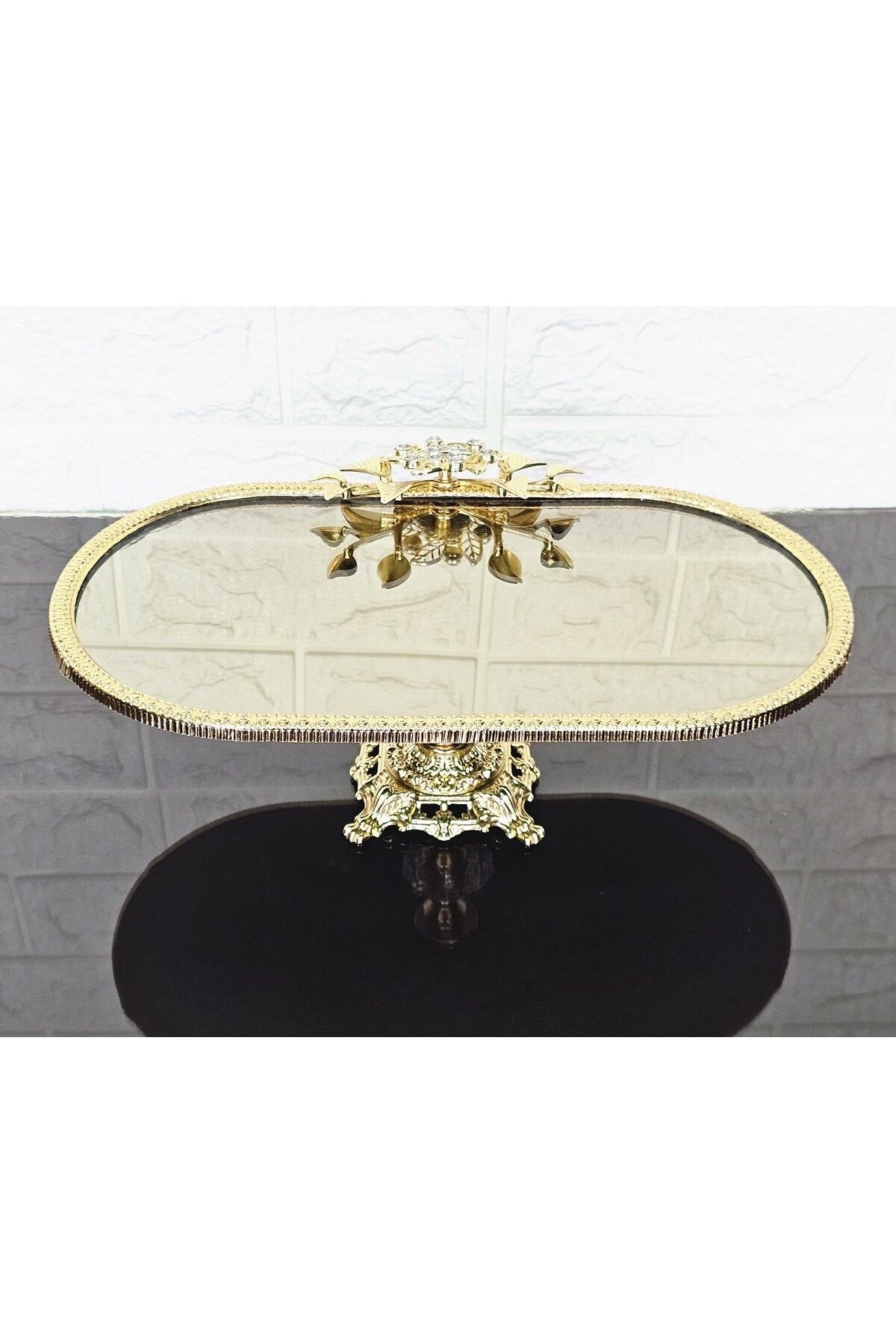 atabey home-Bronze Mirror Small Boat Presentation Casting with Gold Frame and Square Legs 30 cm 1