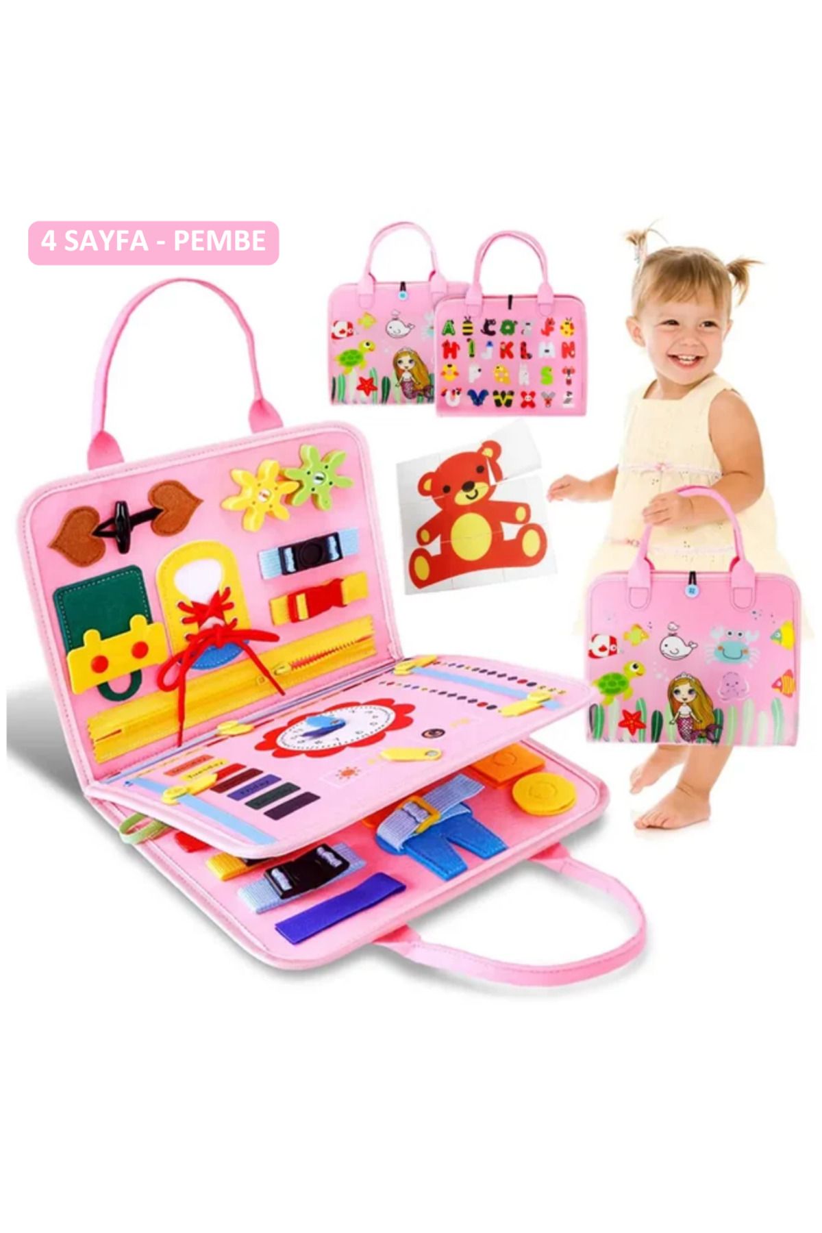 antiola Montessori Busy Board – Keçe Aktivite Çantası | 1+ Yaş için Eğitici ve Duyusal Oyuncak, Pembe Renk