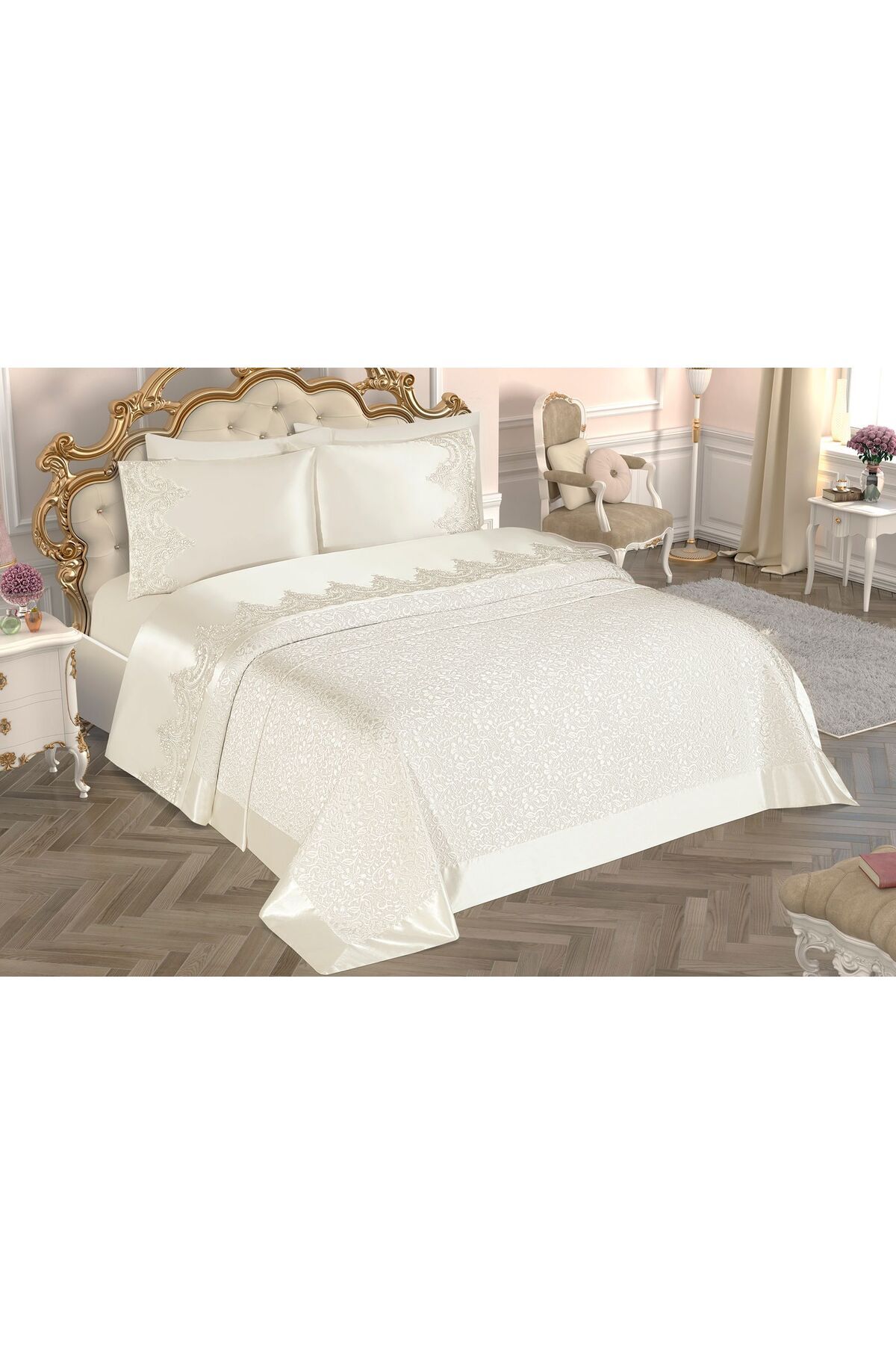d'niss home touch of nature in your home Selin 6 Parça Fransız Dantelli Çift Kişilik Pike Takımı