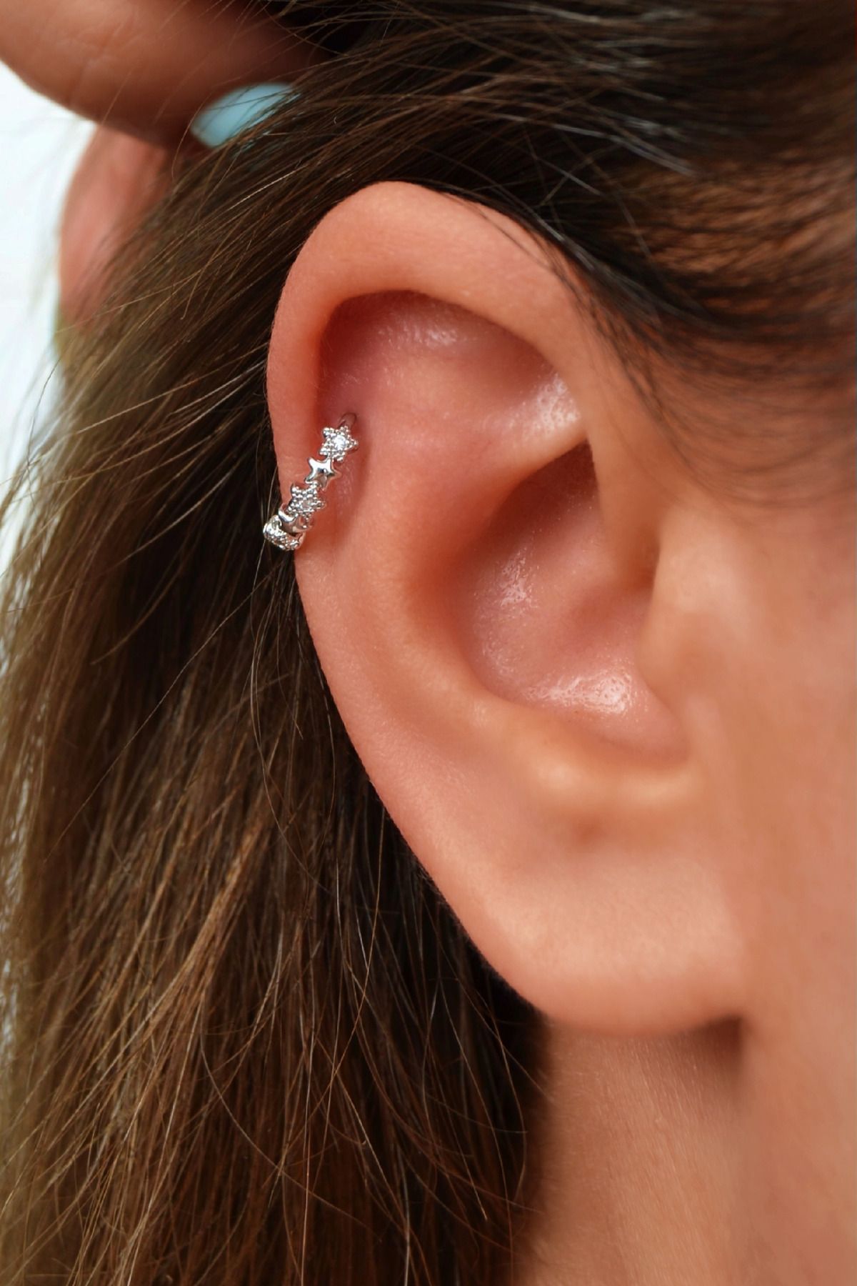 Sacce Scarves&Accessories Zirkon Taşlı Yıldızlı Halka Piercing | Gümüş Renk | Helix ve Kıkırdak Uyumlu