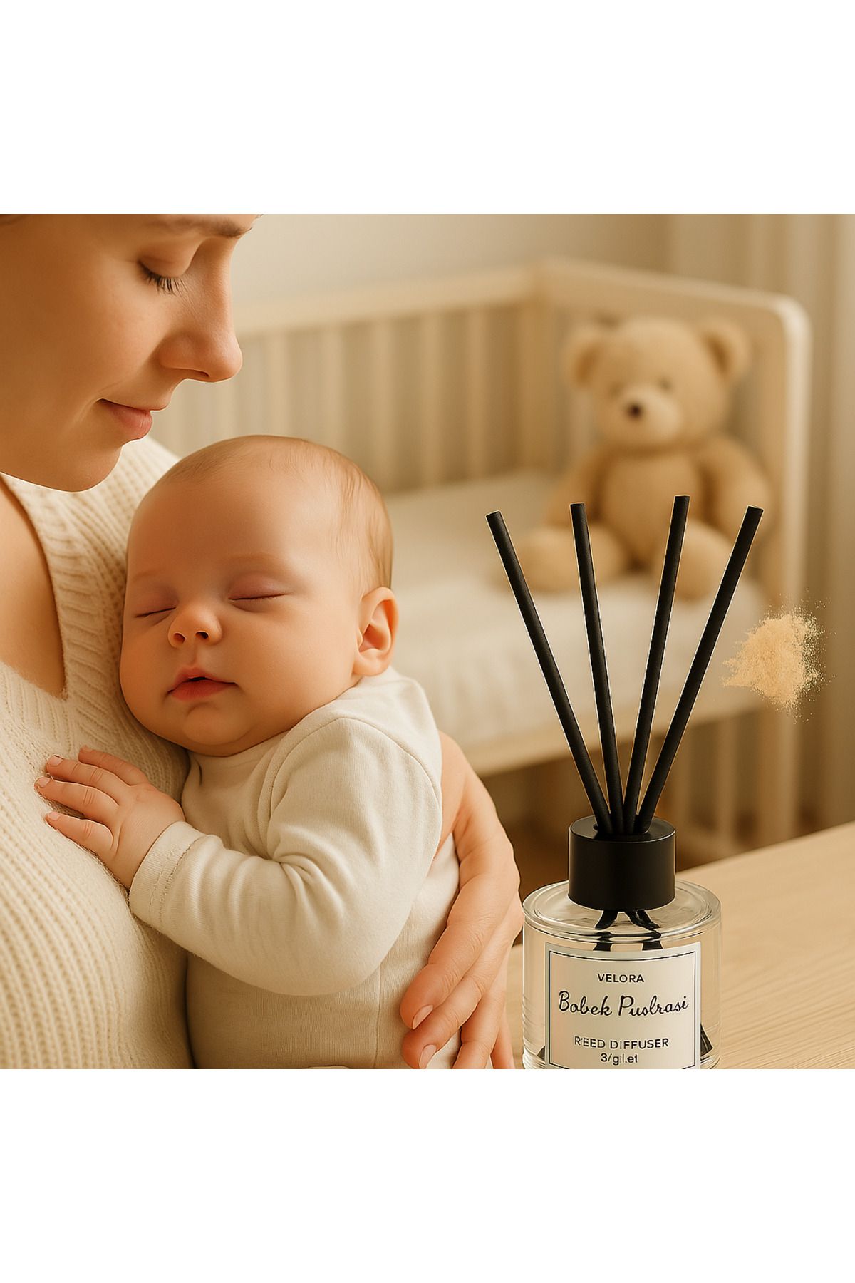 CalmaFlame Velora Reed Diffuser 100 ml Bambu Çubuklu Bebek Pudrası Oda Kokusu