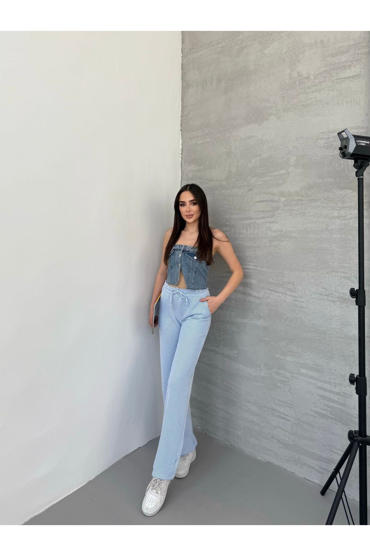 Ozy Fashion Su Yolu Çizgili Yazlık Mavi Pantolon