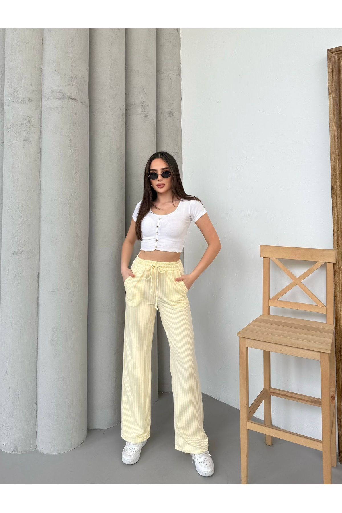 Ozy Fashion Su Yolu Çizgili Yazlık Sarı Pantolon