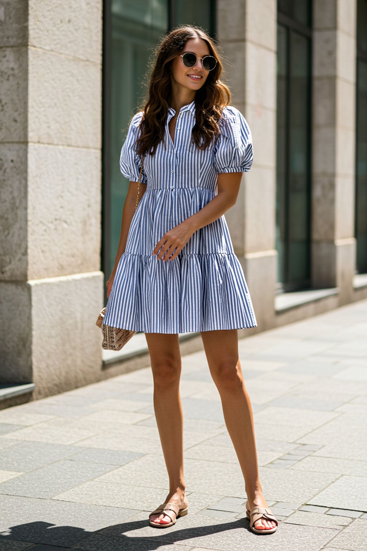 Trendyol Collection Ekrü csíkos mini szőtt ruha TWOSS25EL00024