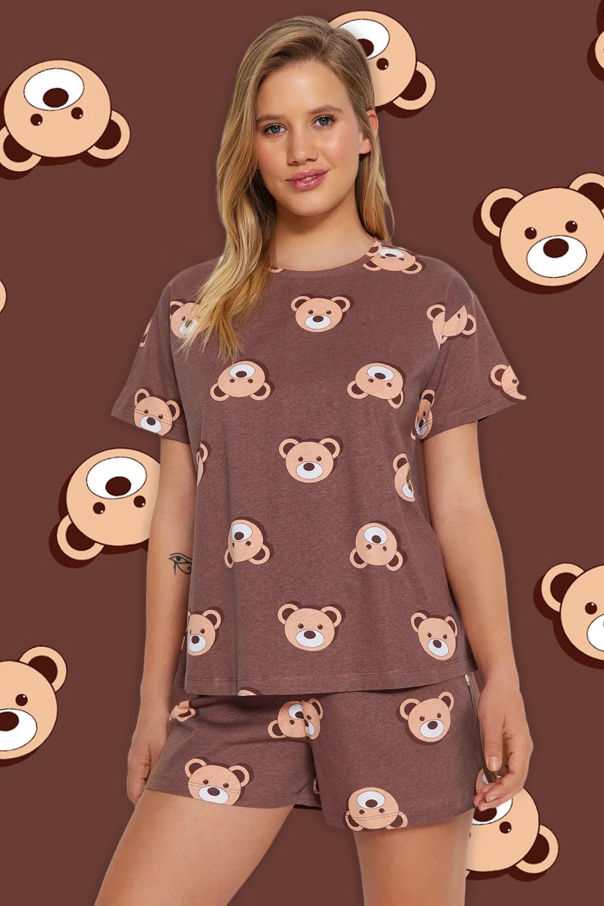 Trendyol Collection Teddy Bear barna rövidnadrág pizsama szett 100% pamut - THMSS23PT00005