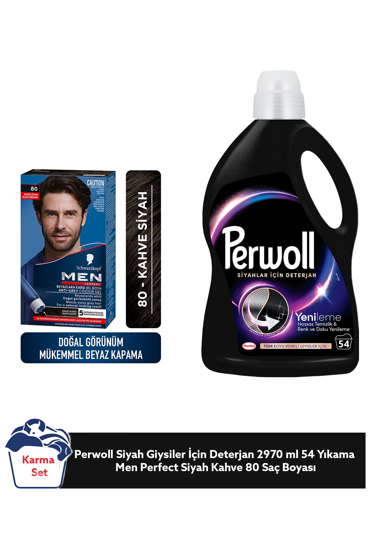 Perwoll Kıyafet ve Kişisel Bakım Seti – 2.97L Siyah Deterjan + Siyah Kahve 80 Erkek Saç Boyası