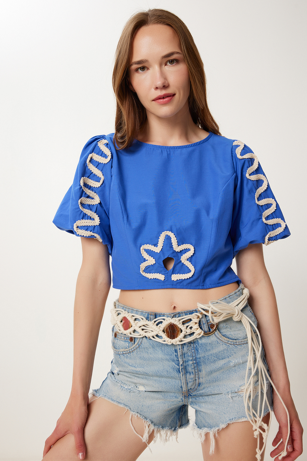 Women's Blue Balloon Sleeve Embroidered Crop Poplin Blouse TP00082