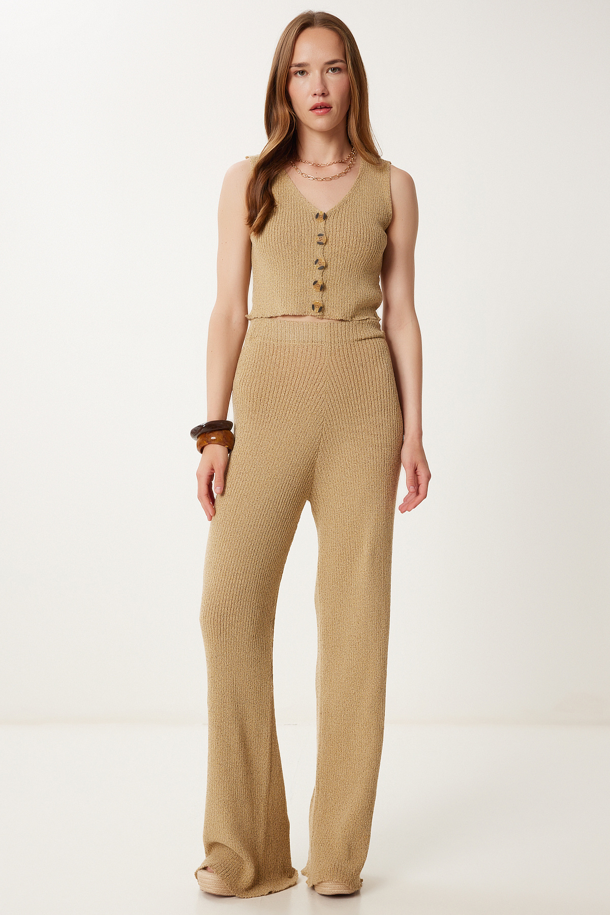 Happiness İstanbul-Women's Beige Stylish Buttoned Flexible Knitwear Vest Trousers Set Mt00159 2
