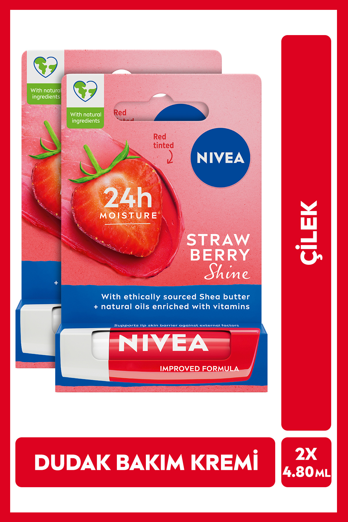 NIVEA Dudak Bakım Kremi Ve Dudak Parlatıcı 4.8gr, Çilek Kokusu, Nemlendirici, Hafif Kırmızı Işıltı, X2Adet
