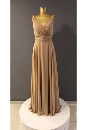 Kadın Gold Renk A Kesim Askılı Uzun Şifon Abiye Elbise Trendabiye K:77025 PROTO 77025