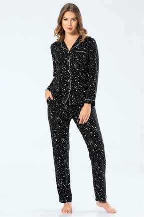 3327 Kadın Yıldızlı Uzun Kollu Gömlek Yaka Pijama Takım Siyah TRN3327