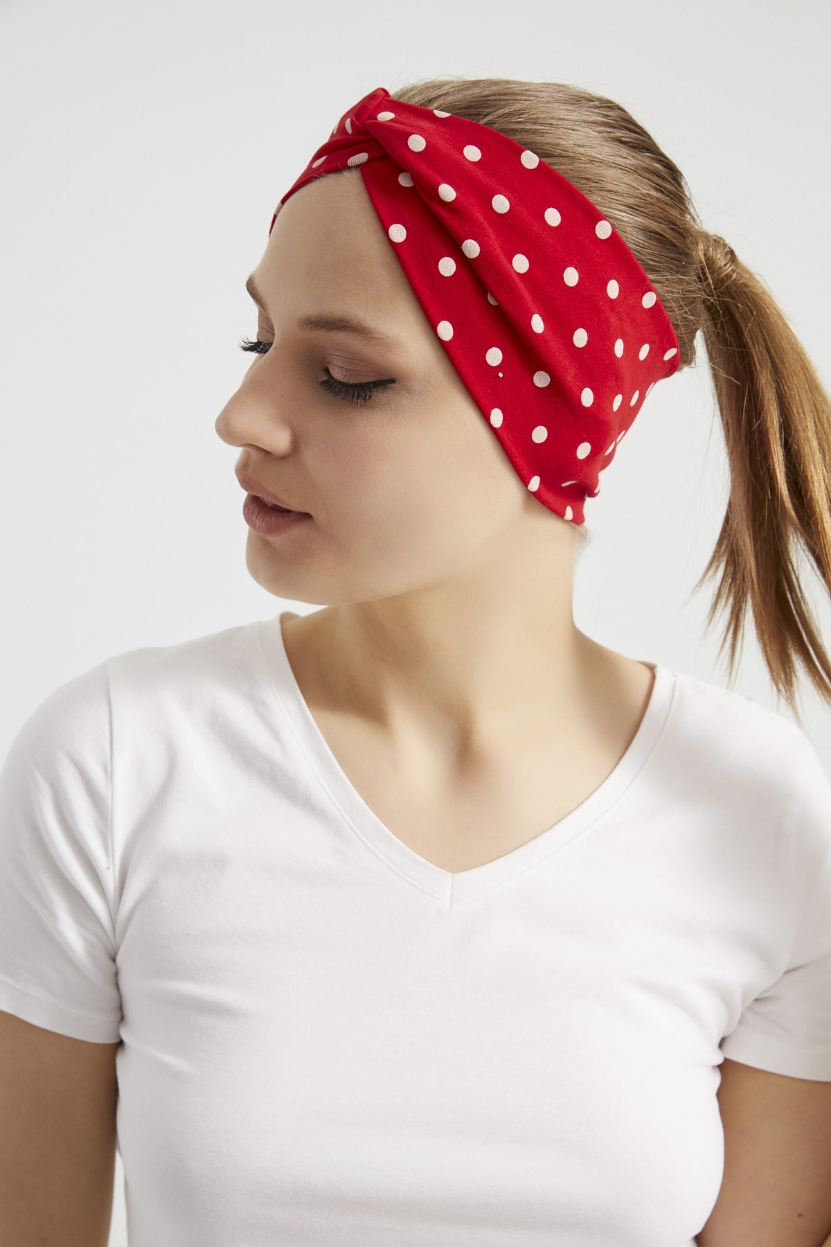 Kırmızı Beyaz Puantiyeli Butik Kadın Bandana Saç Bandı, Ekstra Yumuşak, Esnek, Doğal, Pamuklu Penye 5