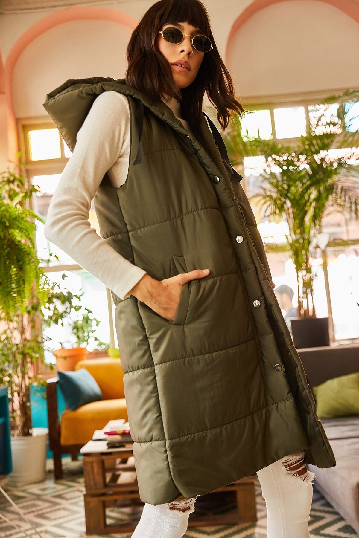 Olalook-Khakifarbene Pufferweste mit Kapuze und Taschen für Damen YLK-19000007 6