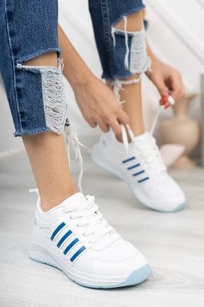 Kadın Erkek Spor Snekaer Kabartma Baskılı Termo Taban Yürüyüş Ayakkabısı Beyaz Mavi SG 084