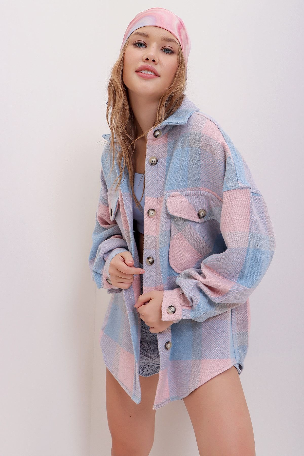 Trend Alaçatı Stili-Damen Oversize-Jacke aus Baumwolle mit Karomuster und Stempelmuster ALC-X7142 3