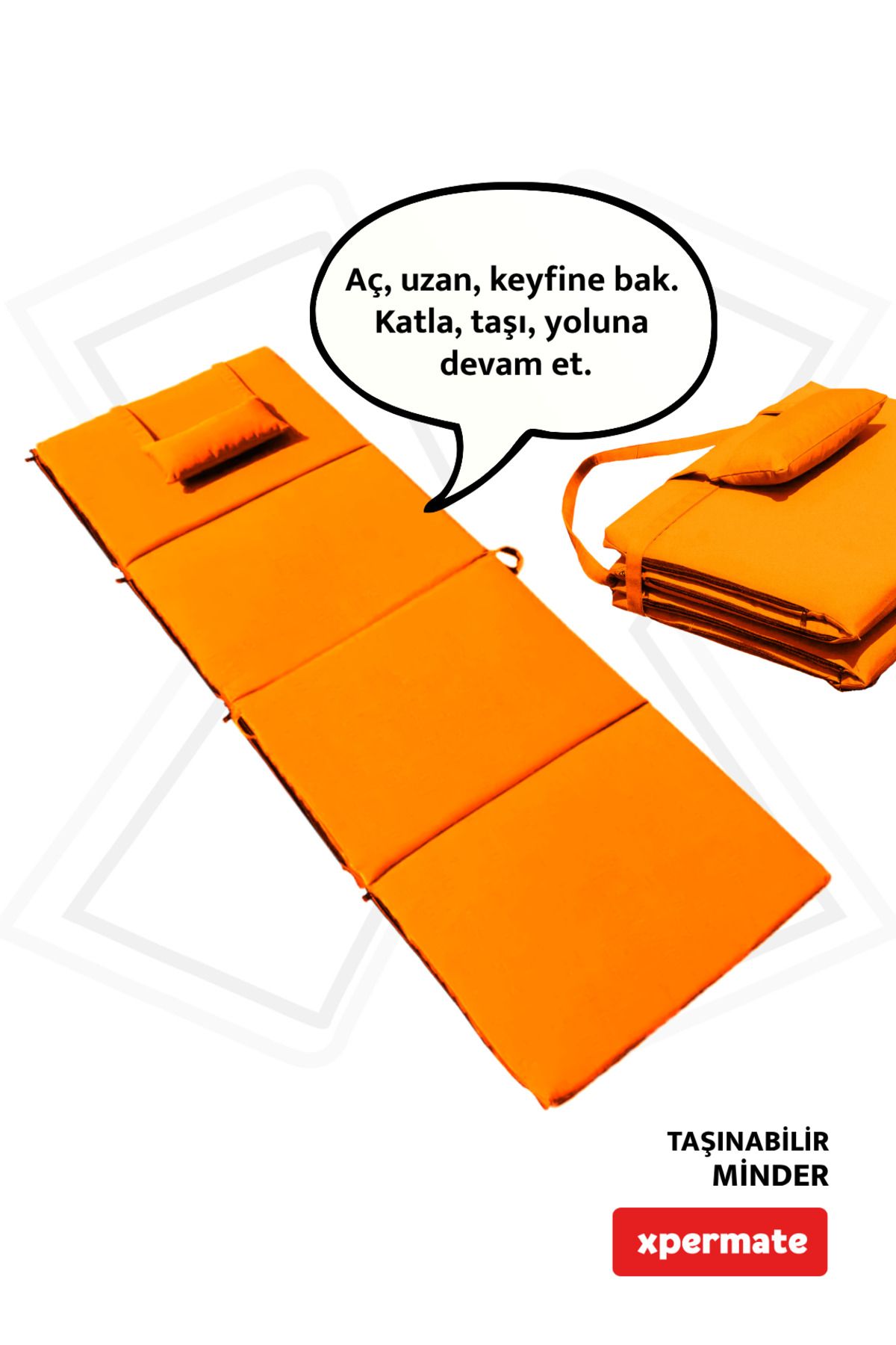 XPERMATE Kamp Yatağı Katlanır Şezlong Minderi Taşınabilir Kamp Matı Su Itici Kumaş 180x60x3 Turuncu