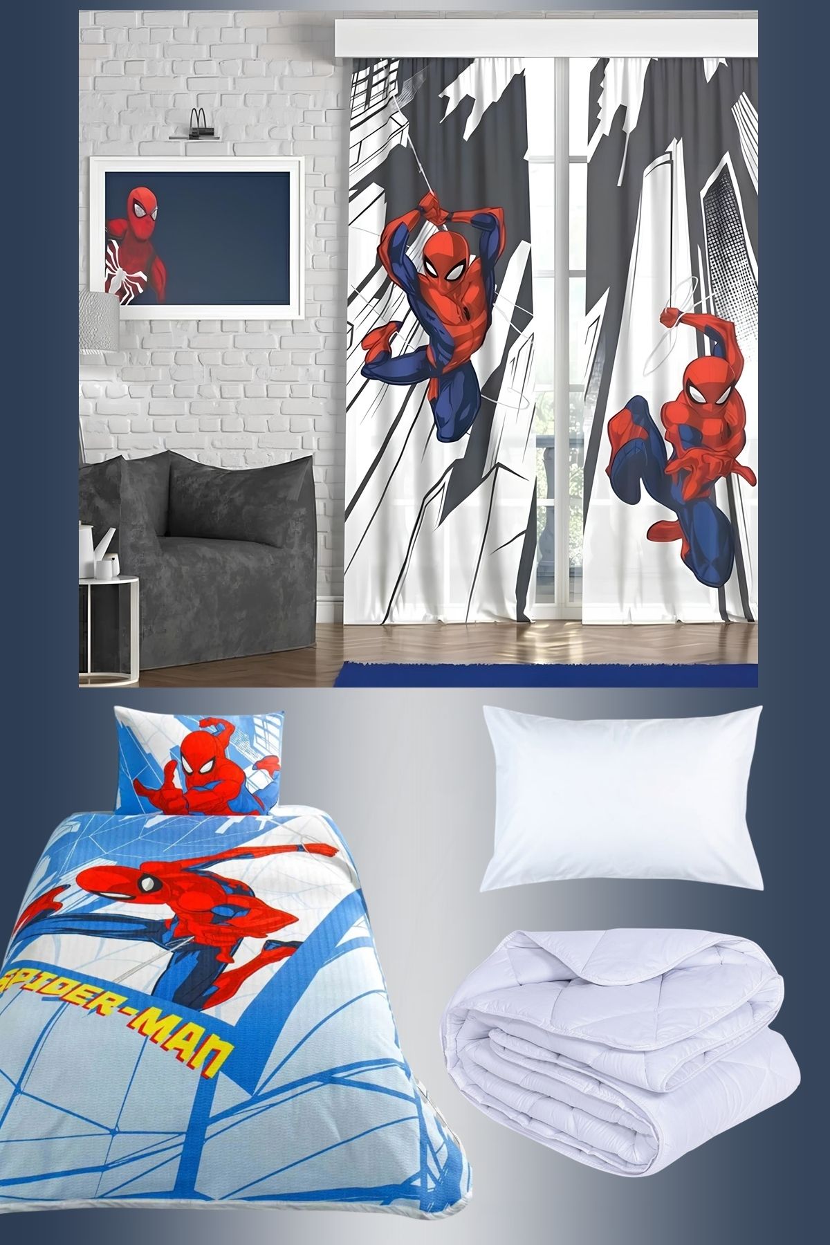 Taç Spiderman Pike Takımı + 2'li Spiderman Fon Perde + Yastık + Kupa Bardak Hediye Toplam 7 Parça