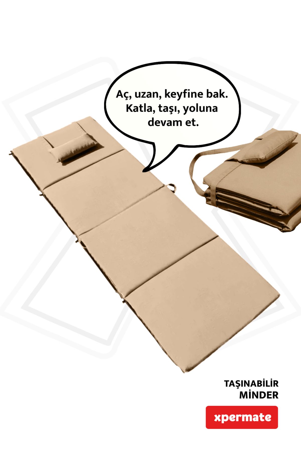 XPERMATE Kamp Yatağı Katlanır Şezlong Minderi Taşınabilir Kamp Matı Su Itici Kumaş 180x60x2 Bej