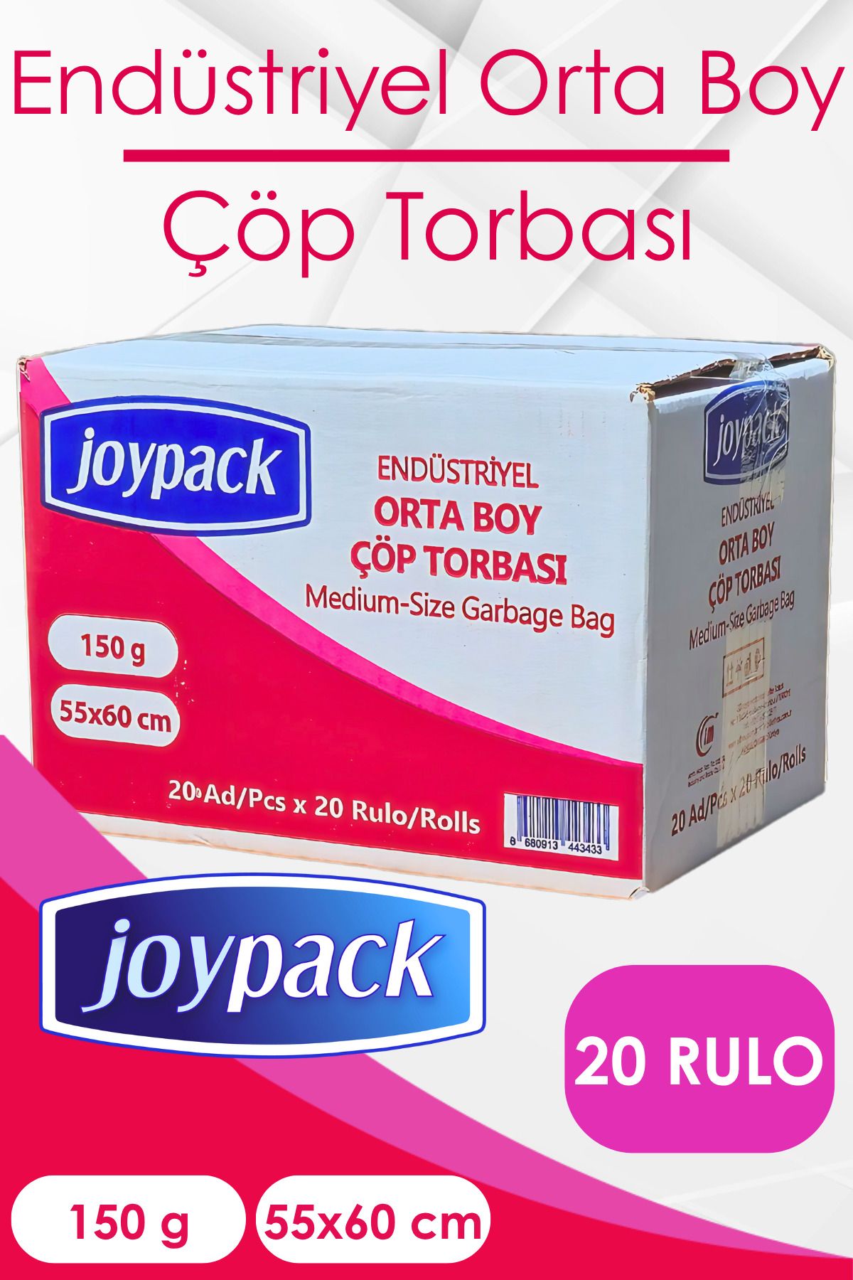 Joypack Endüstriyel Orta Çöp Torbası Rulo Başı 20 Adet, 20 Rulo - 150gr 55x60 Cm 30 Lt