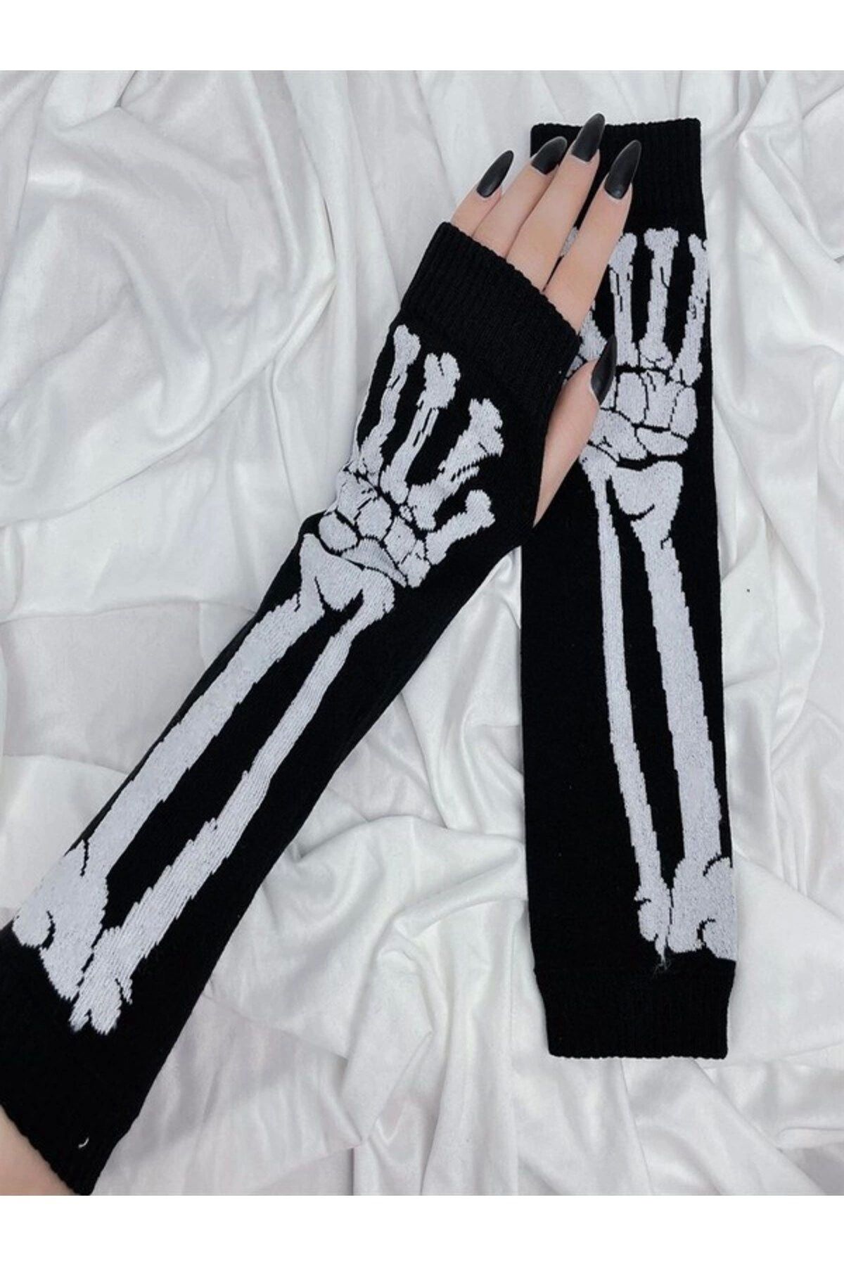 GOSSİP TEAM Skeleton Kesik Parmak Ikili Siyah Beyaz Iskelet Kolluk