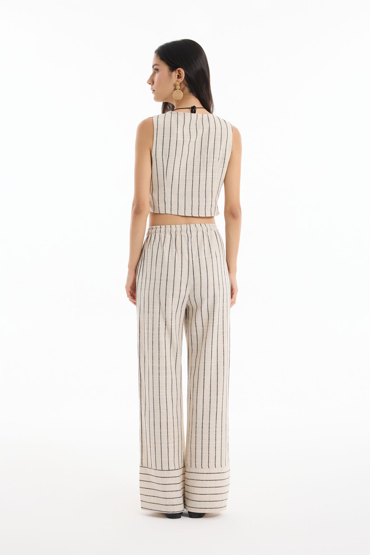 Quzu-Pantaloni Palazzo din in cu model de dungi Detaliu la gleznă Natural 5